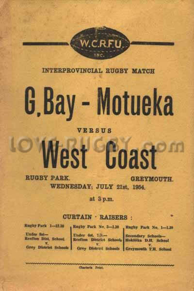 1954 West Coast v Golden Bay-Motueka  Rugby Programme